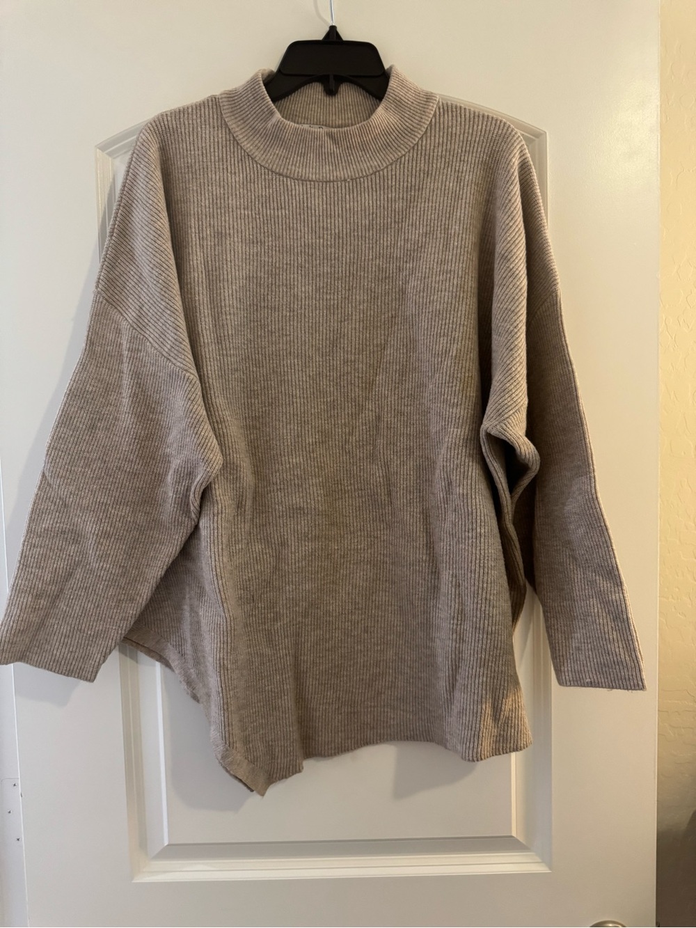 Relaxed Ribbed Cowl-Neck Sweater in Taupe